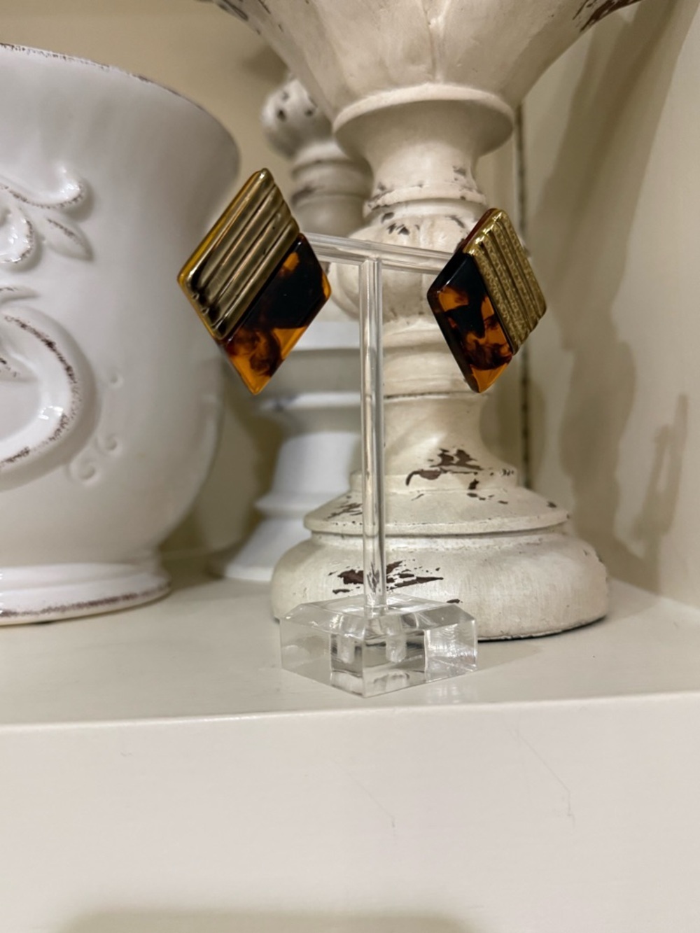 Vintage Plastic Tortoise Shell Diamond Shape Earrings with Gold Accents